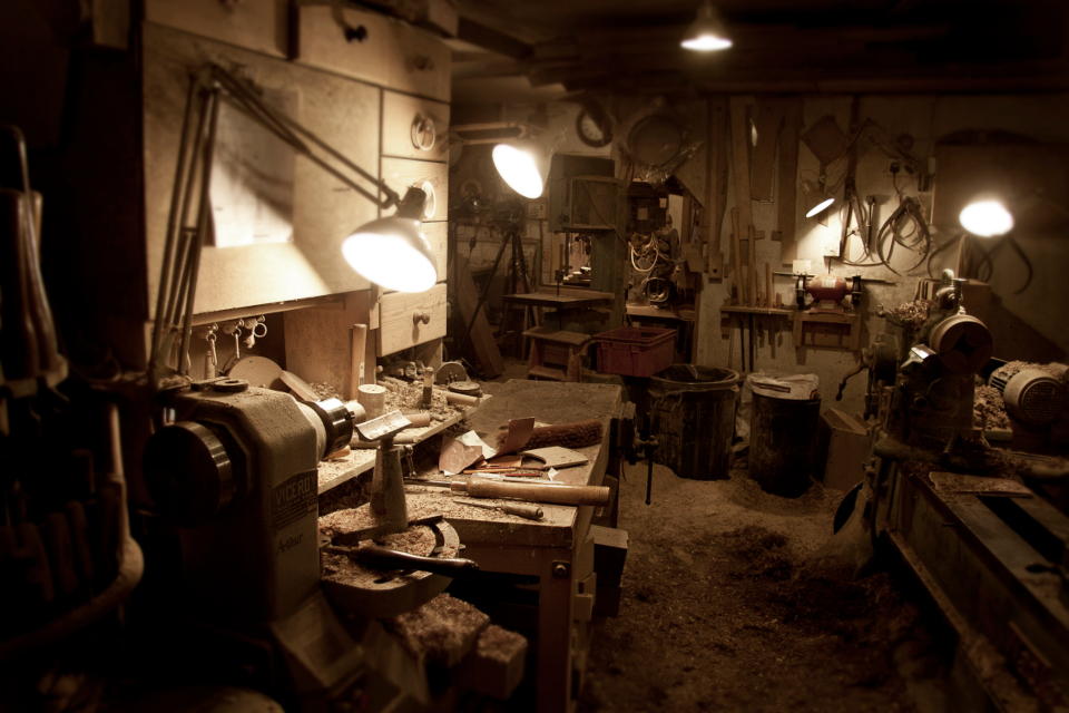 Tools and workbenches in a carpenter workshop