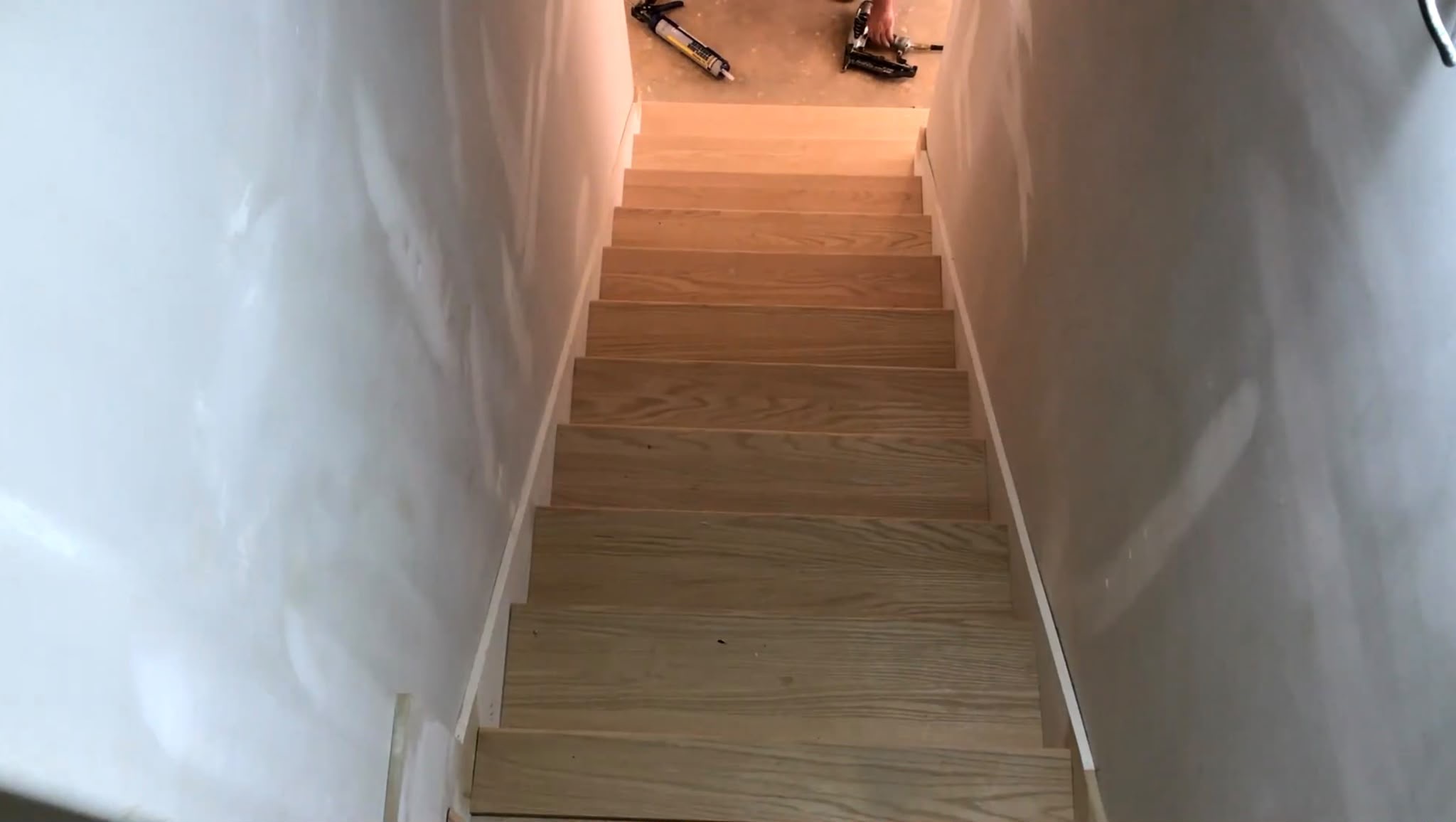 Completed wood staircase viewed from above
